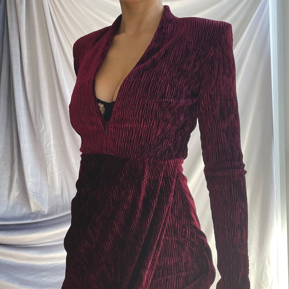 Amanda Uprichard Dark Maroon Velvet Long Sleeve Midi Dress, Womens Size Small